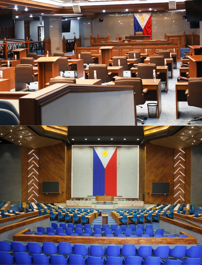 Images of the plenary halls of the Philippine Senate and the Philippine House of Representatives from Wikimedia Commons